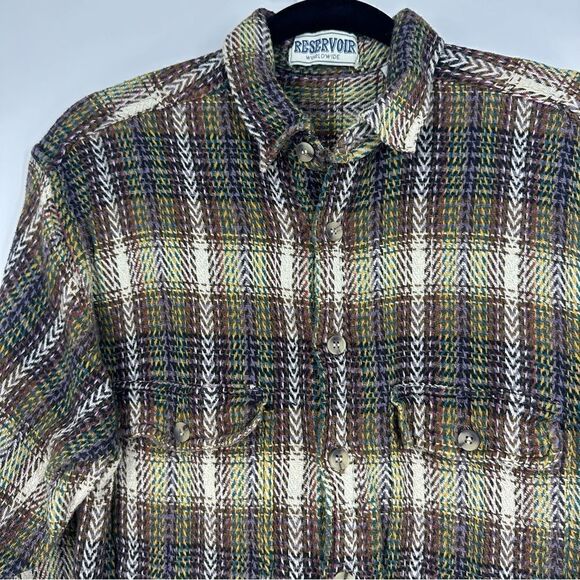 RESERVOIR Worldwide Multicolored Herringbone Button Down Shacket Shirt Sz M - Picture 2 of 9
